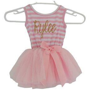 Pink & White Striped Tutu Dress With Glitter "Rylee" Text & Bow, Size 6-12 M